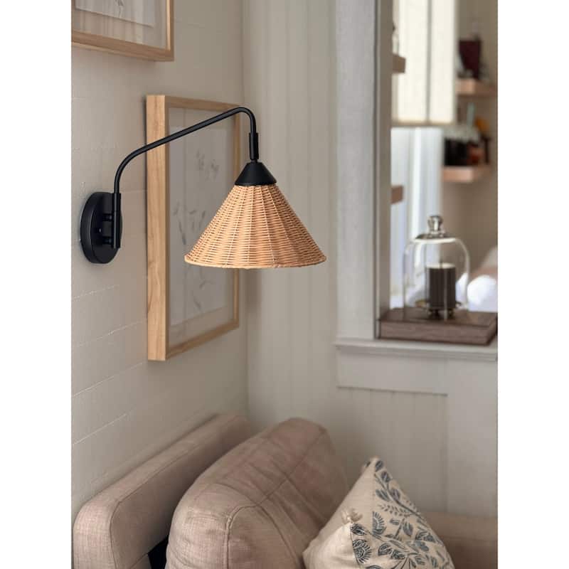 Lily 11" 1-Light Vintage Coastal Rattan/Metal Swing Arm LED Sconce, Black/Natural, by JONATHAN Y