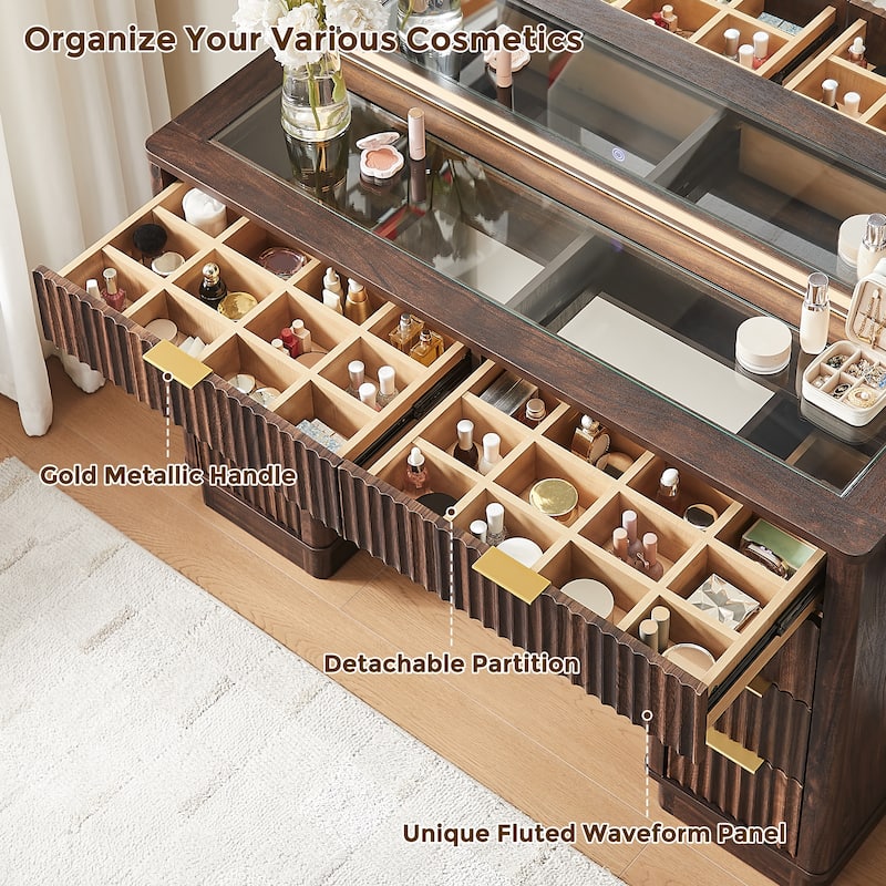 Modern Fluted Makeup Vanity Desk with Mirror, Lights, Charging Station