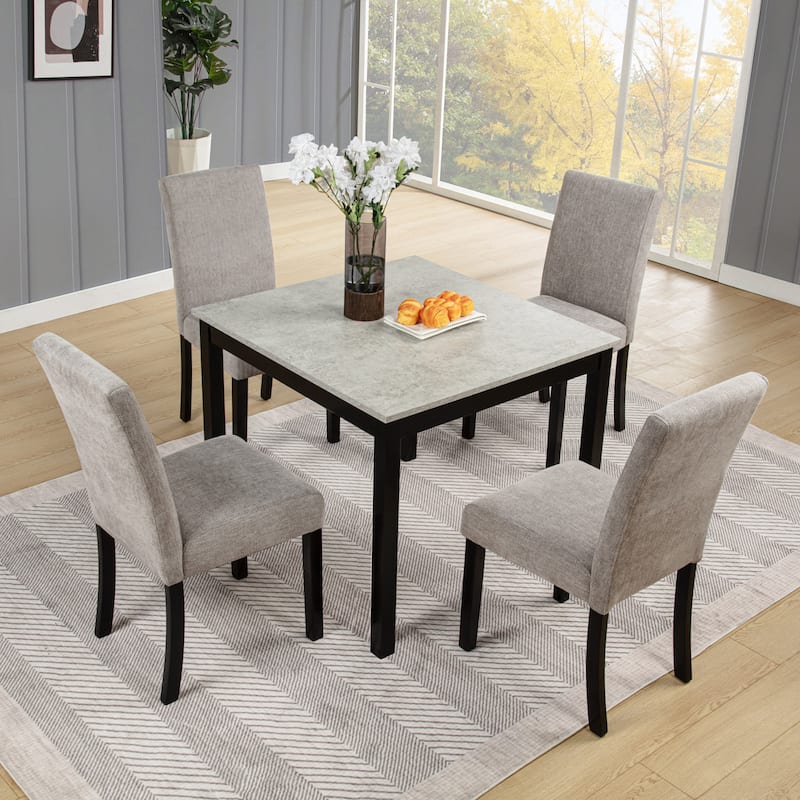 5 Piece Rubber Wood Dining Table Set for 4, Kitchen Table w/4 Upholstered Chair, Space-Saving Design, for Dining Room, Apartment - Black+Grey