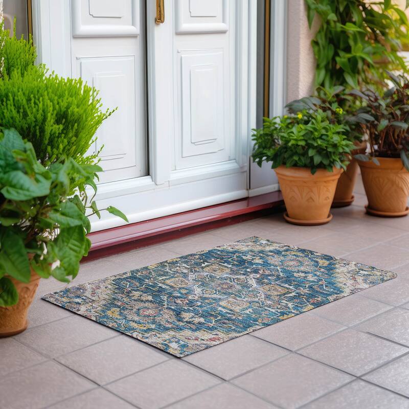 Machine Washable Indoor/ Outdoor Chantille Traditional Boho Rug - Blue - 1'8" x 2'6"