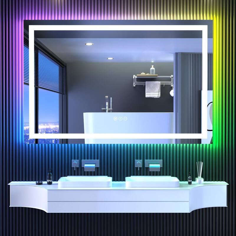 KIOTEE Rectangular LED Frontlit & RGB Backlit Anti-Fog Tempered Glass Bathroom Vanity Mirror with ETL and 3-Year Warranty