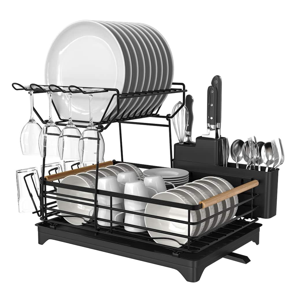 Double-Layer Dish Rack with Bamboo Handle