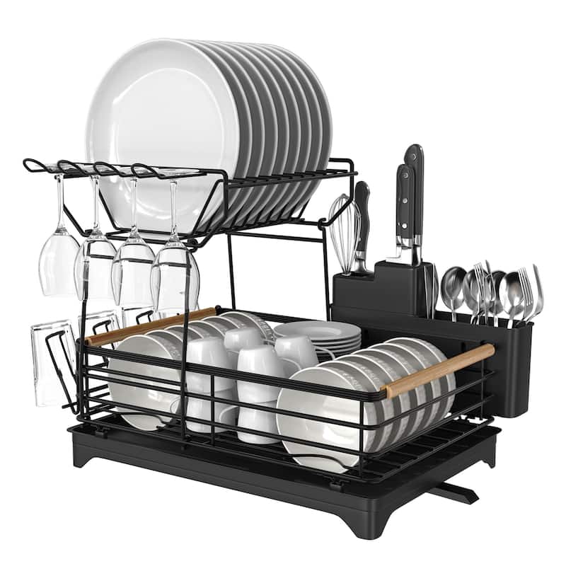Double-Layer Dish Rack with Bamboo Handle