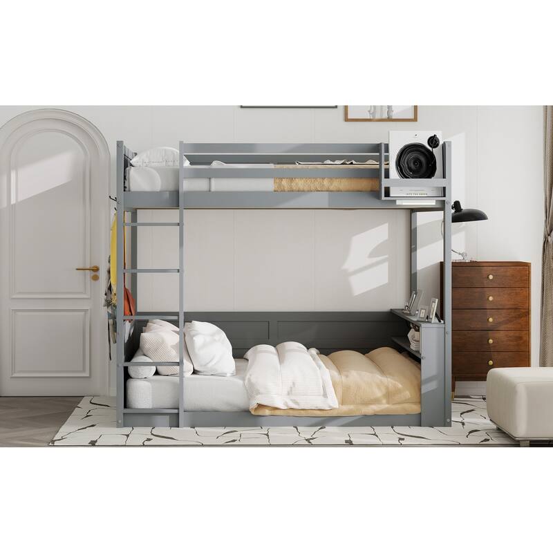 Queen Size Wooden Bunk Bed with Built-in Shelves, Storage Box, 3 Metal Clothes Hooks, Ladder, LED Light and USB Charging Station