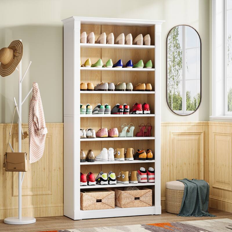 8-Tier Shoe Rack, Wooden Freestanding Shoe Storage Cabinet for 32-40 Pairs, Shoe Organizer Shelf for Entryway, Closet， White