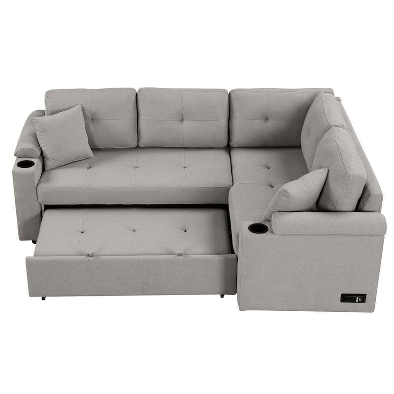 87.4" L-shape Sofa Bed Pull-out Sleeper Sofa with Wheels, USB Ports