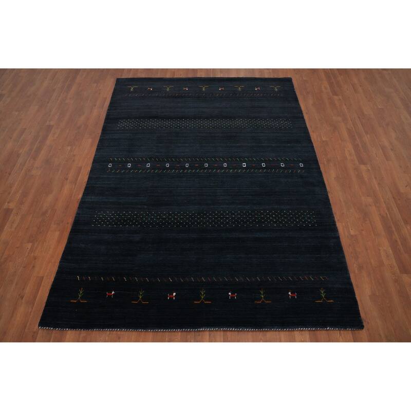 Hand Knotted Oriental 100% Wool Carpet Tribal Animal Pictorial Navy Blue & Blues Gabbeh Area Rug - 8' 10'' X 6' 3''