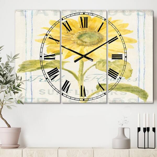 slide 2 of 6, Designart 'Floursack Florals II' Cottage 3 Panels Oversized Wall CLock - 36 in. wide x 28 in. high - 3 panels