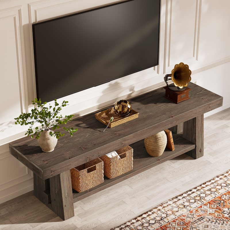 2-Tier Solid Wood TV Stand with Storage Shelves, Entertainment Center Television Console for 75-Inch TVs Living Room Bedroom