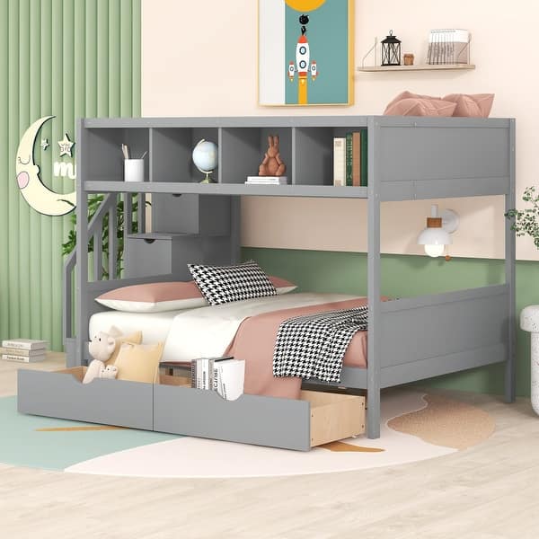 slide 2 of 42, Twin over Full Bunk Bed with Shelfs, Storage Staircase and 2 Drawers Grey