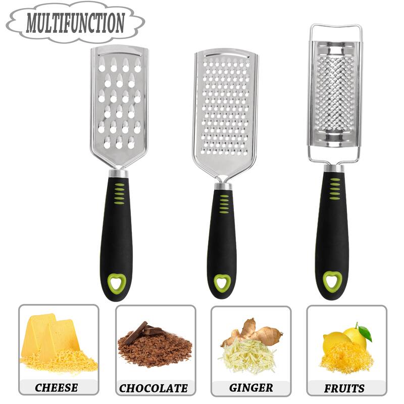 3-piece Stainless Steel Cheese Graters Set, Vegetable Fruits Slicer for Kitchen - Silver, Black, Green