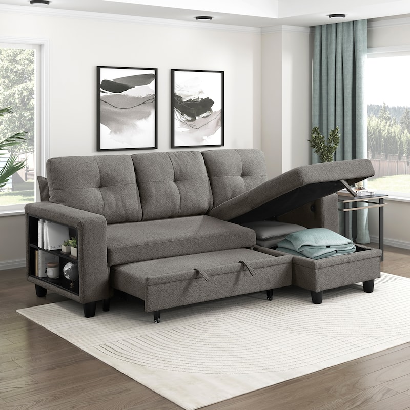 Hazel Boucle Sectional Sofa - Reversible Chaise, Pull-out Bed, Shelves