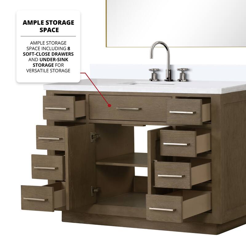 Abbey 48 in W x 22 in D Black Oak Single Bath Vanity, White Quartz Top, Faucet Set, and 46 in Mirror