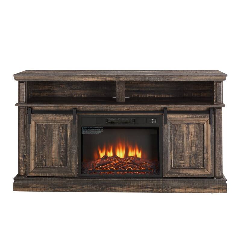 Antique Brown Modern TV Stand with Built-In Fireplace & Sliding Door Storage, 58" Wide Entertainment Console