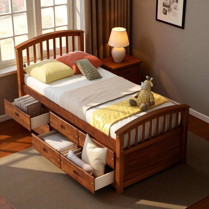 Twin Size Solid Wood Platform Bed with 6 Storage Drawers, Pine Wood Frame with Slats, No Box Spring Needed