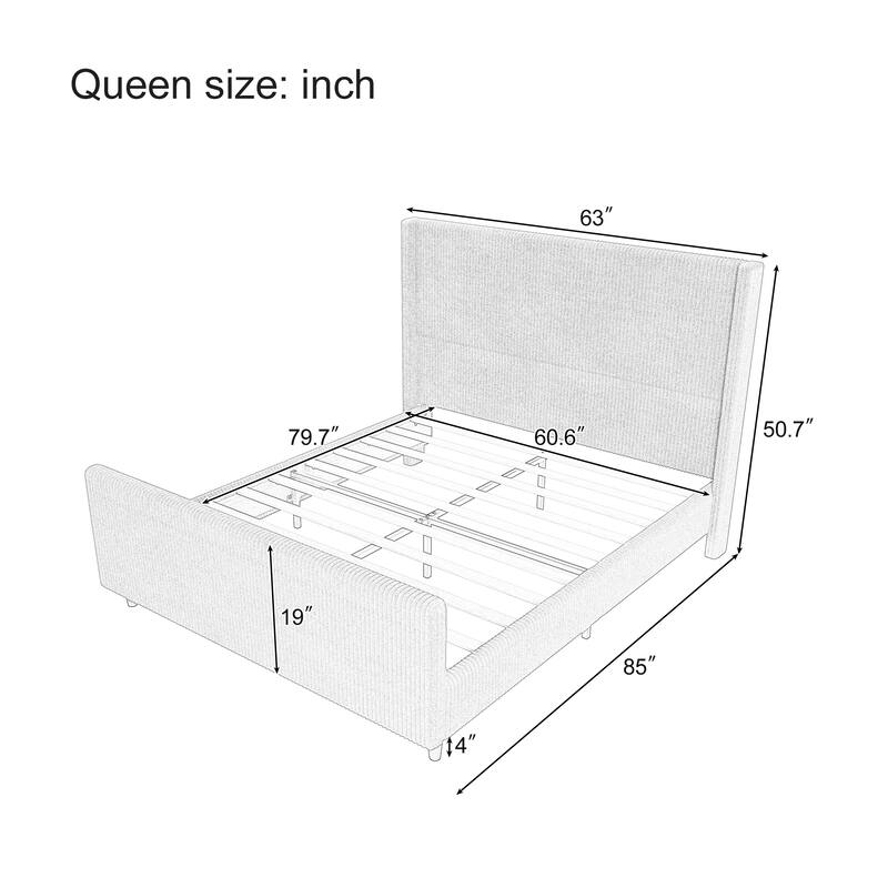 Queen Size Cream Corduroy Upholstered Bed Frame with Wingback Headboard and High Footboard, No Box Spring Needed