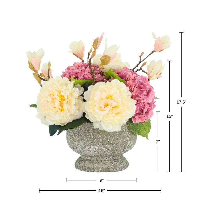 Transitional Arrangement with Peonies and Hydrangeas in a Stone Pot with Butterfly Magnolias