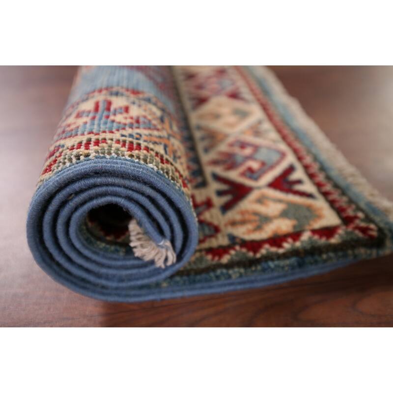 Hand Knotted Oriental 100% Wool Carpet Traditional Geometric Navy Blue & Blues Kazak Area Rug - 3' 0'' X 1' 11''