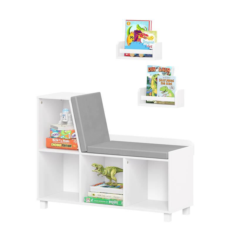 RiverRidge Home Book Nook White MDF Multi-Cubby Storage Bench Including 10 inch Bookshelves Set of 2