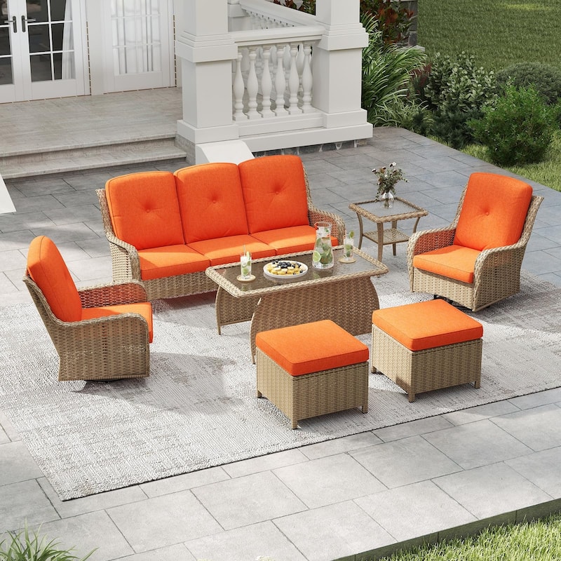 7 Pieces Patio Furniture Set with Swivel Rocking Chair, Coffee Table, Side Table for Backyard, Garden, Navy Blue/Beige/Orange - Orange