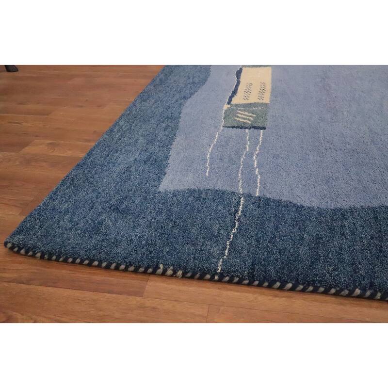 Hand Knotted Oriental 100% Wool Carpet Modern Bordered Navy Blue & Blues Gabbeh Area Rug - 7' 10'' X 5' 8''