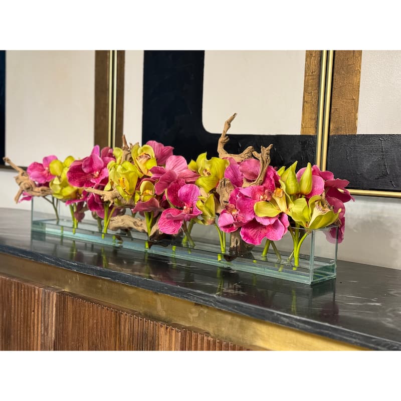 Casa Moderna Glass Planter With Pink Vandas And Green Cymbidiums - 48"L x 8"H x 8"D