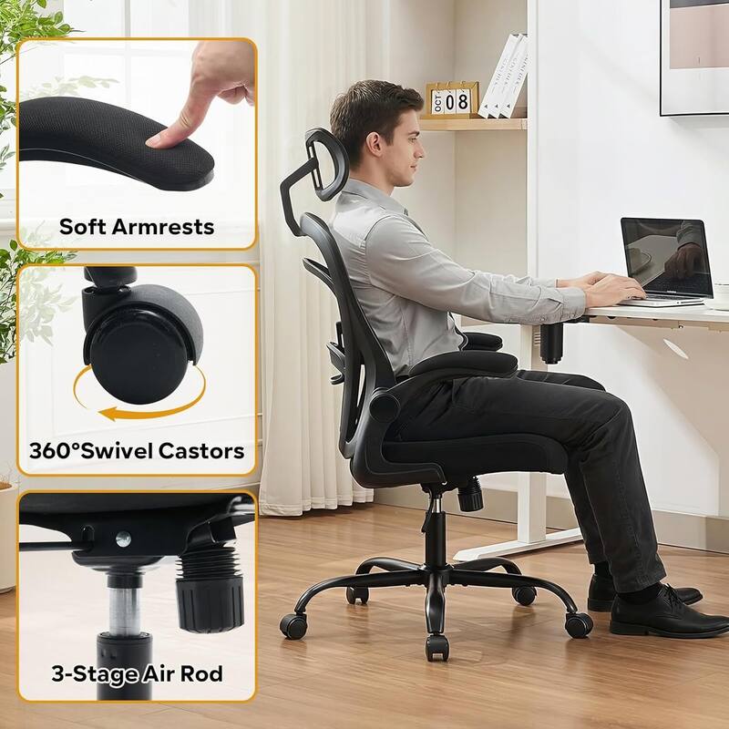 Ergonomic Office Computer Gaming Chair with Flip-Up Armrests for Bedroom, Study