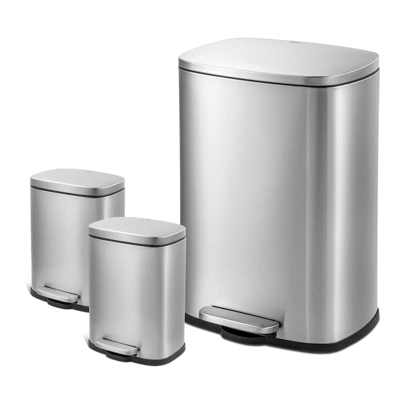 Qualiazero 13.2 GAL plus TWO 1.3 GAL Rectangular Step Can Trash Cans - Family Combo - Silver - 13.2 Gallons and 1.3 Gallons