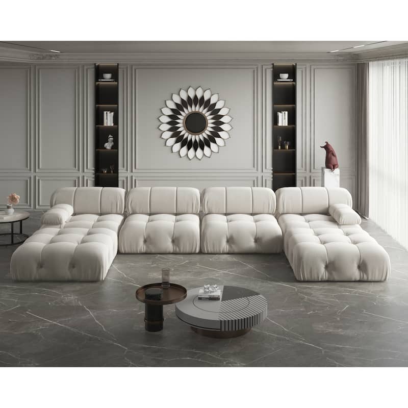 Modern U-Shaped Velvet Upholstered Modular Sectional Sofa 6-seater Extra Wide Chaise Lounge Couch for Living Room - Beige