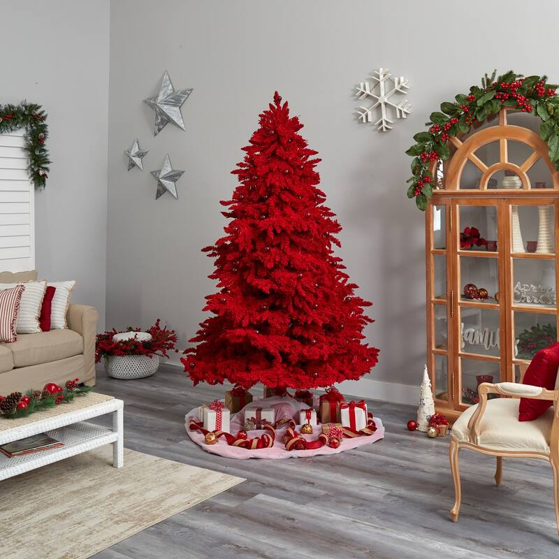 8ft. Red Flocked Fir Artificial Christmas Tree with 700 Red Lights, 45 Globe Bulbs & 1468 Branches - Bold X-Mas Statement Tree