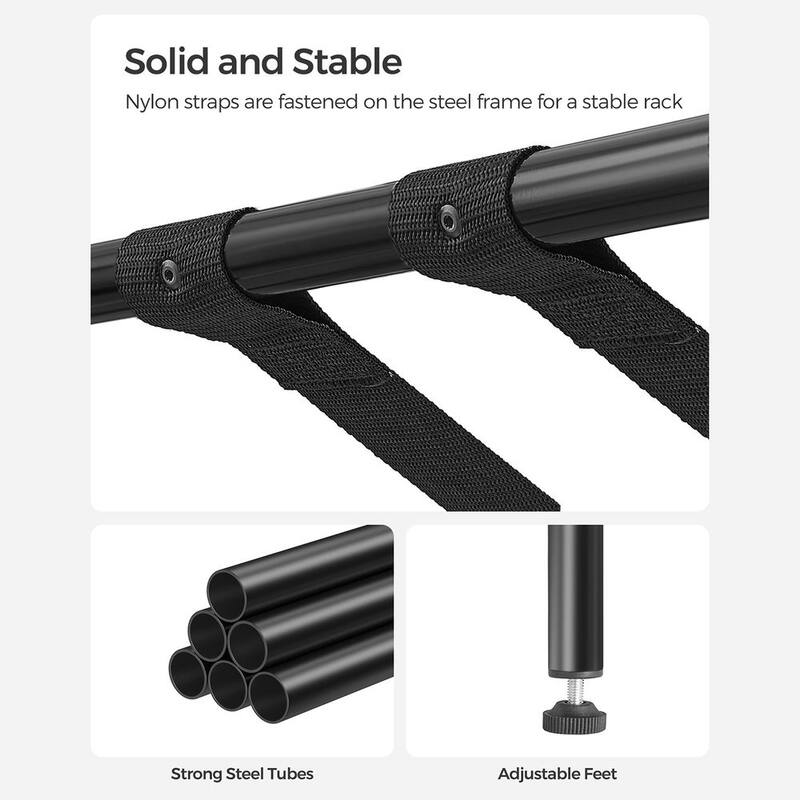 Foldable Steel Luggage Rack with Nylon Straps and Bottom Shelf for Guest Room or Hotel Use