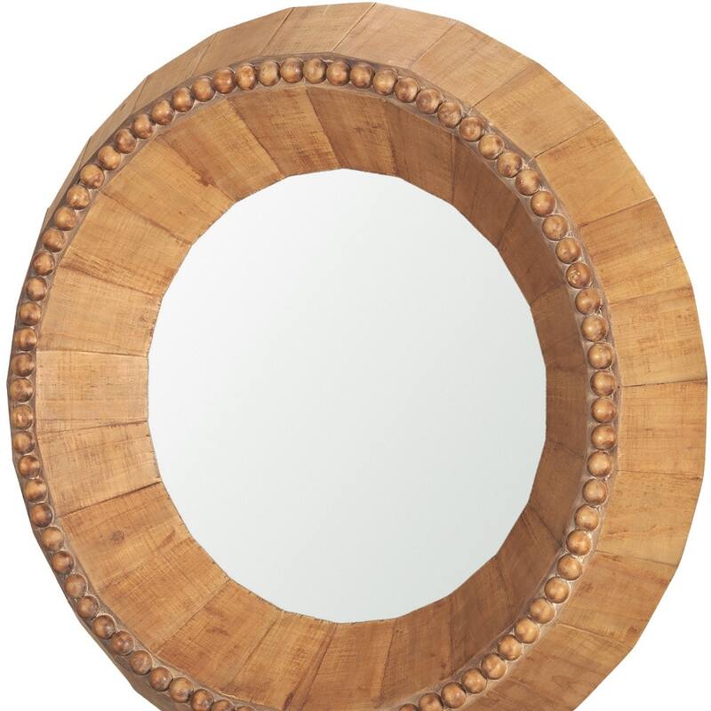 HomeRoots 30" Brown Solid Wood Faceted And Beaded Round Framed Accent Mirror - 29.92 in. x 29.92 in. x 4.13 in.