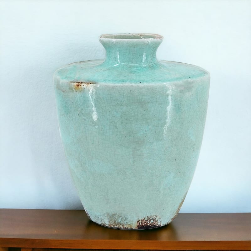 12 Inch Aqua Terracotta Crackle Glaze Round Table Vase for Home - Blue