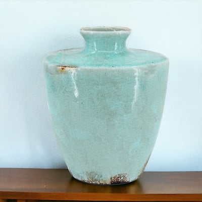 12 Inch Aqua Terracotta Crackle Glaze Round Table Vase for Home