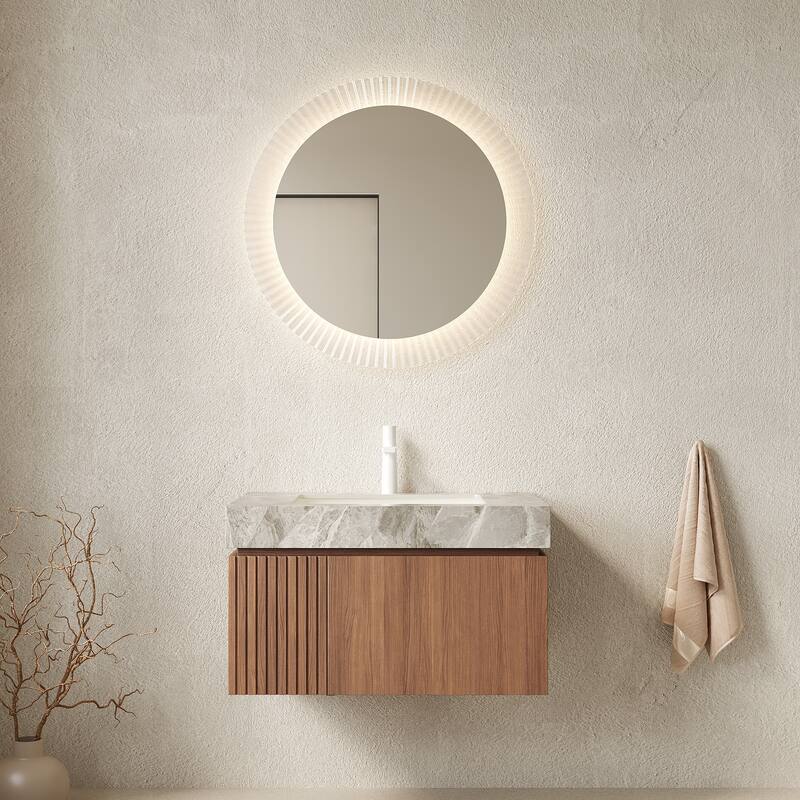 30"/36"/48" Wall-Mounted Bathroom Vanity with Ceramic Sink, Sintered Stone Countertop Floating Bathroom Storage Cabinet - Brown Oak,Light Gray - 30 Inch