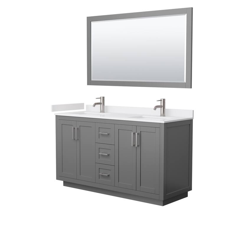 Miranda Bathroom Vanity Set, Cultured Marble Top, 58-Inch Mirror - 60-Inch Double - Dark Gray, Nickel Trim, White Cultured Marble Top