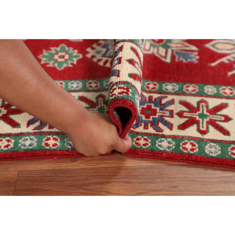 Red Kazak Oriental Area Rug Hand-Knotted Geometric Wool Carpet - 5'0" x 6'7"