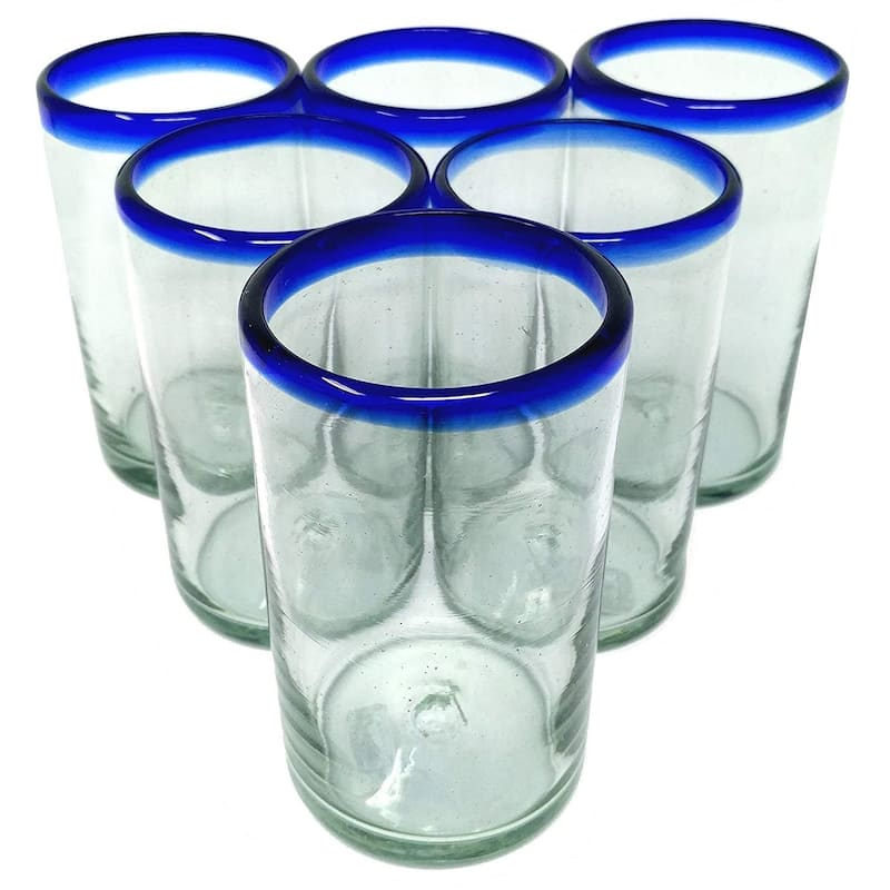 Dos Sueños Hand Blown Mexican Drinking Glasses - Set of 6 Glasses with Cobalt Blue Rims (14 oz each) - Set of 6