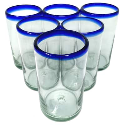 Dos Sueños Hand Blown Mexican Drinking Glasses - Set of 6 Glasses with Cobalt Blue Rims (14 oz each)