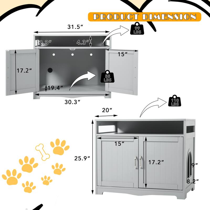 Indoor Cat Washroom Storage Bench Side Table Cat House, Large Wooden Enclused Litter Box House