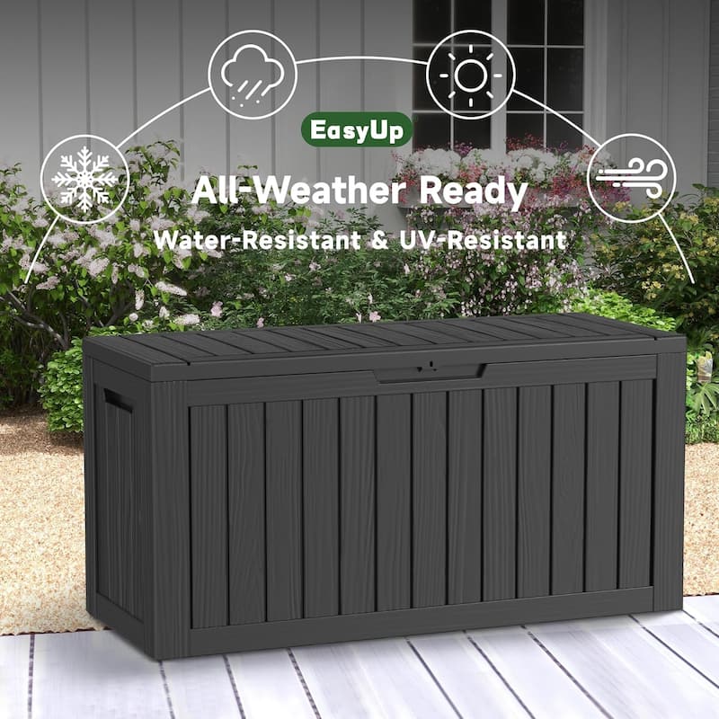 80gallon outdoor resin deck box weatherproofwith hydraulic rod, bench