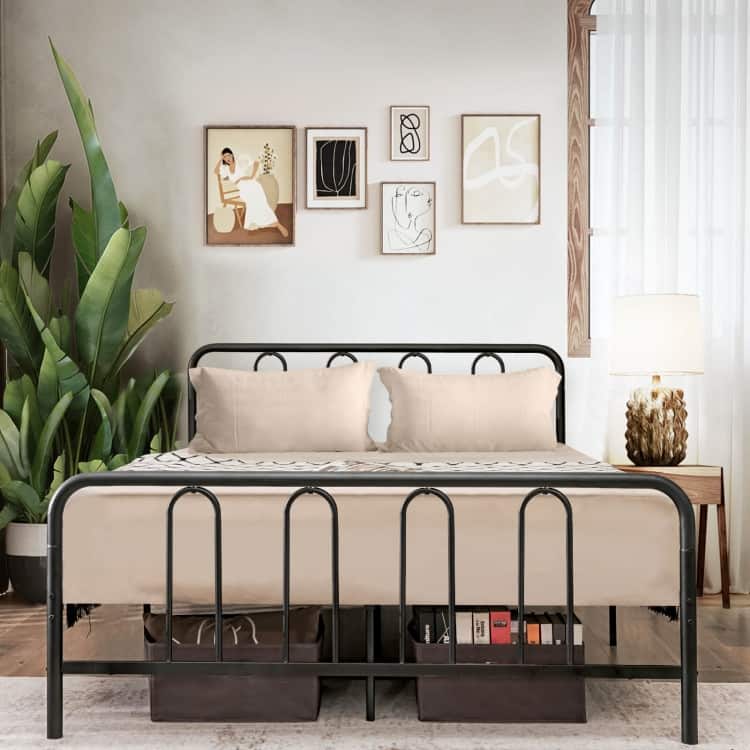 Metal Platform Bed Frame with Headboard and Footboard for Black Steel Heavy Duty with Storage Space