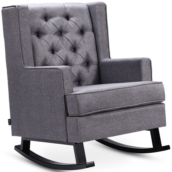 Costway Mid-Century Retro Fabric Upholstered Button-Tufted Wingback Rocking Chair Gray