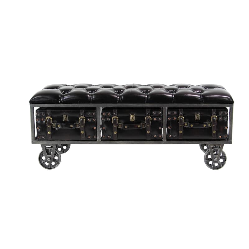 Faux Leather Tufted Upholstered 3 Trunk Room Storage Bench with Industrial Wheels and Gold Accents - Black - Roche River Decor
