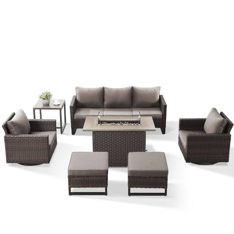 Outdoor Sofa Chairs Ottomans and Fire Table Brown-Grey - Brown