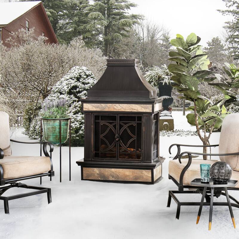 Sunjoy Smith Collection Outdoor Patio Wood Burning Steel Fireplace with Chimney, Spark Screen, Fire Poker, and Removable Grate