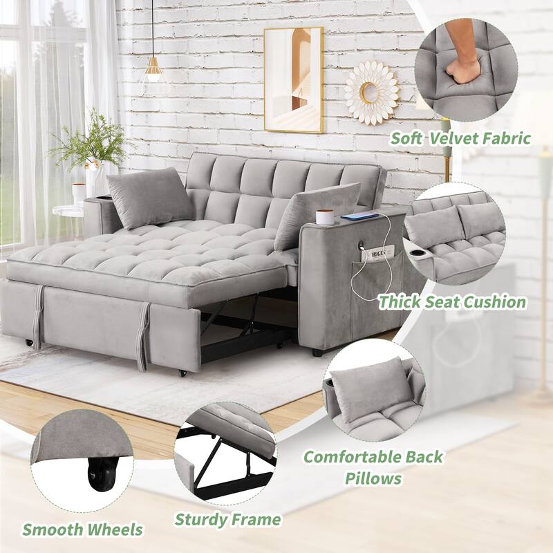 Modern Velvet Sofa Bed with USB Charging - Ideal for Guest Rooms