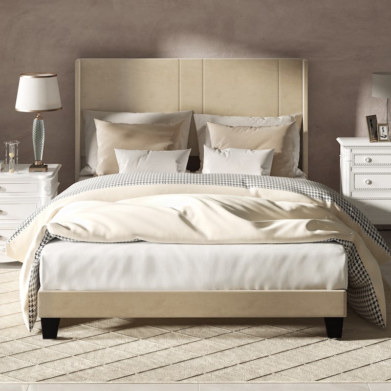 Queen Upholstered Bed Frame with Beige Velvet Headboard and Wingback