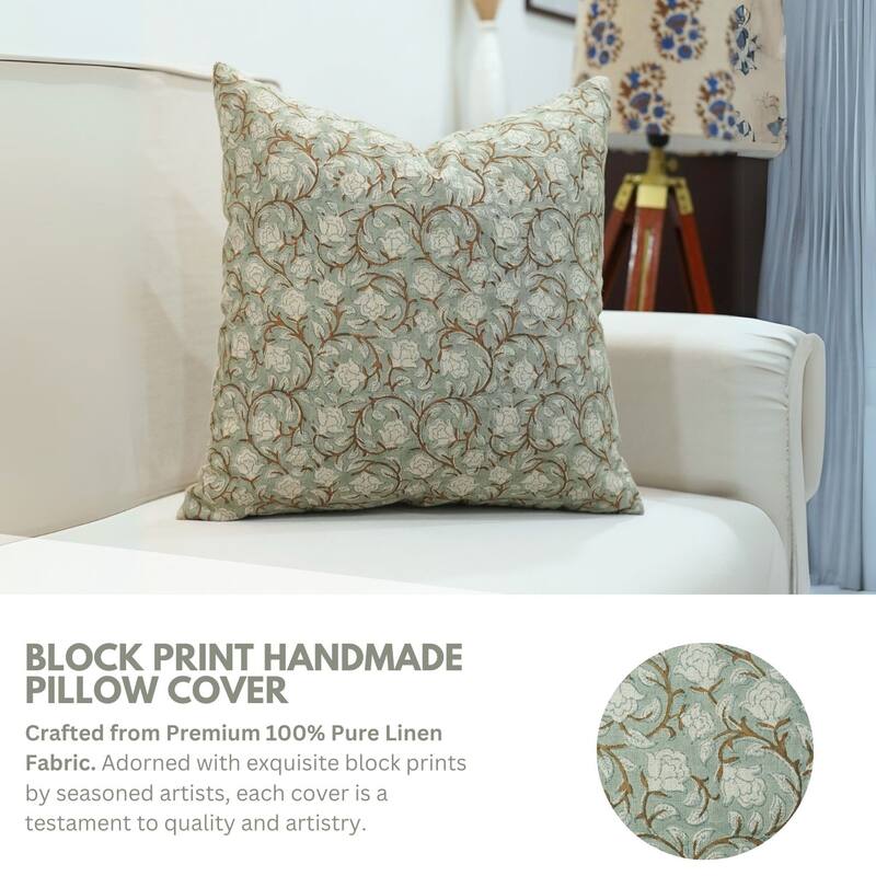Fabdivine Handmade Block Print light Green Pure Linen Pillow Cover- Amritvela