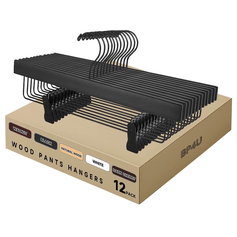 BP4U Premium Wooden Pants Hangers with Adjustable Clips, Solid Wood Skirt Hangers for Jeans, Slacks, Dresses - 12-Pack - Black